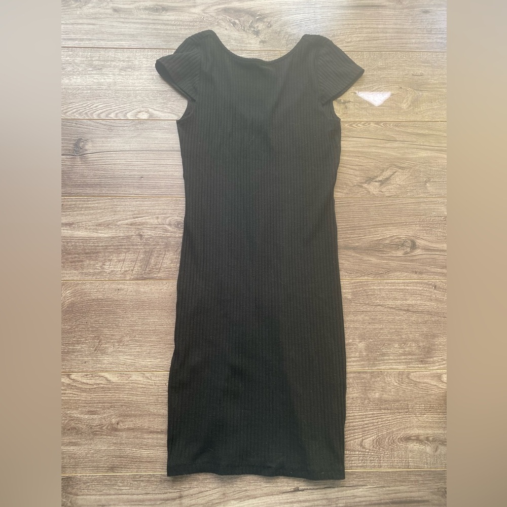 3/$15 Black ribbed Bodycon short sleeve mini dress high neck line, scooped back